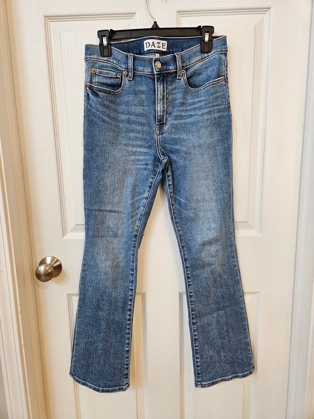 DAZE Women's 28P High Rise Crop Kick Flare Jeans Blue Stretch Denim Petite 28